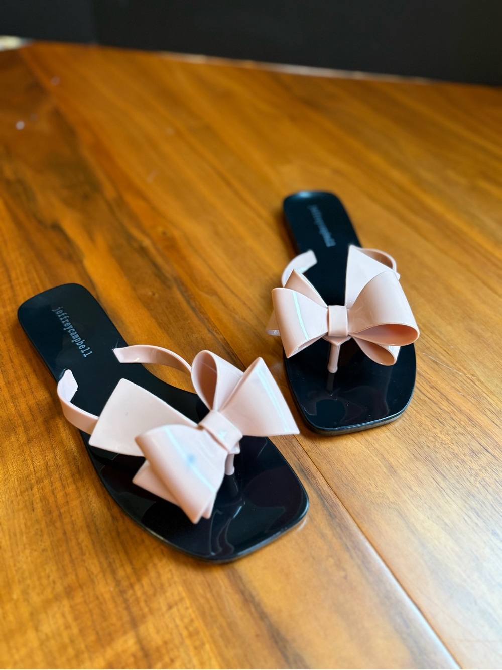 Jeffrey Campbell Bow Jelly Thong Sandals Womens 8 Black Blush Square Toe Flat